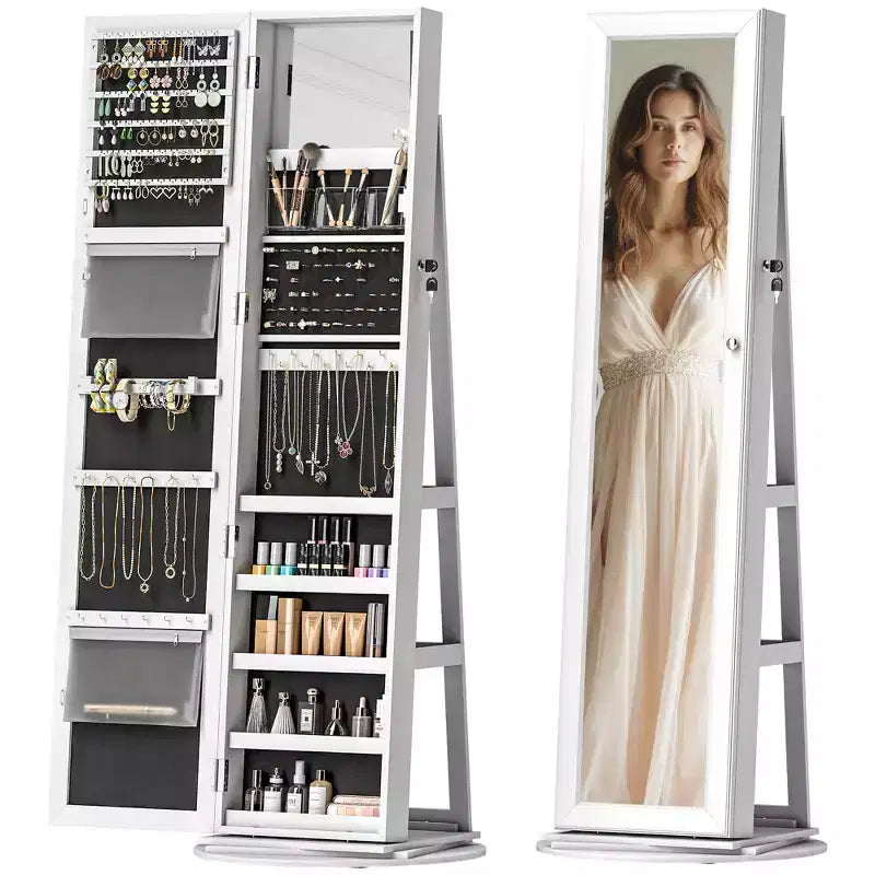 HOMCOM Armoire à bijoux avec miroir, rotative à 360°, psyché, étagères de rangement, petit miroir intérieur, pour chambre et salon