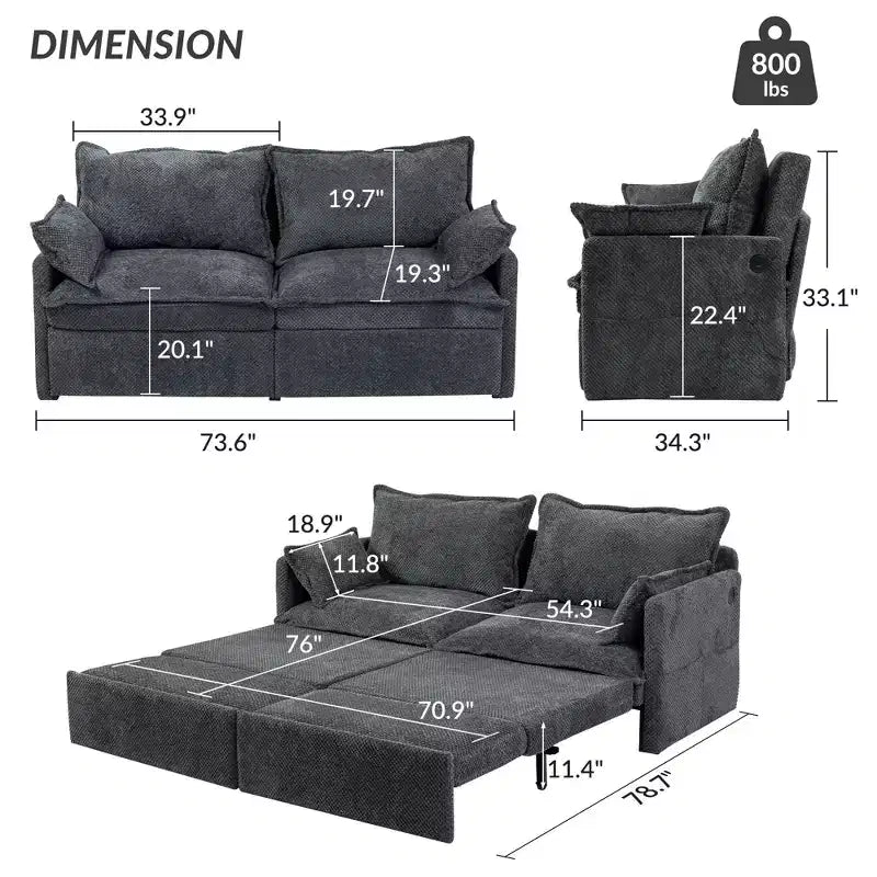 Canapé convertible Whisen avec rangement latéral et ports de charge USB/C-TYPE