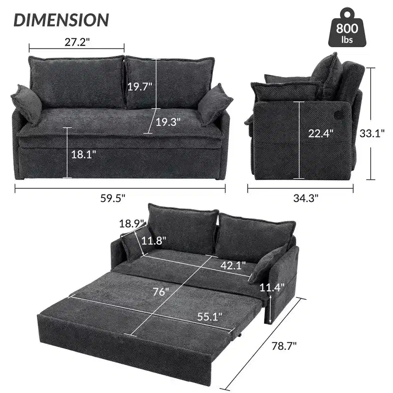 Canapé convertible Whisen avec rangement latéral et ports de charge USB/C-TYPE