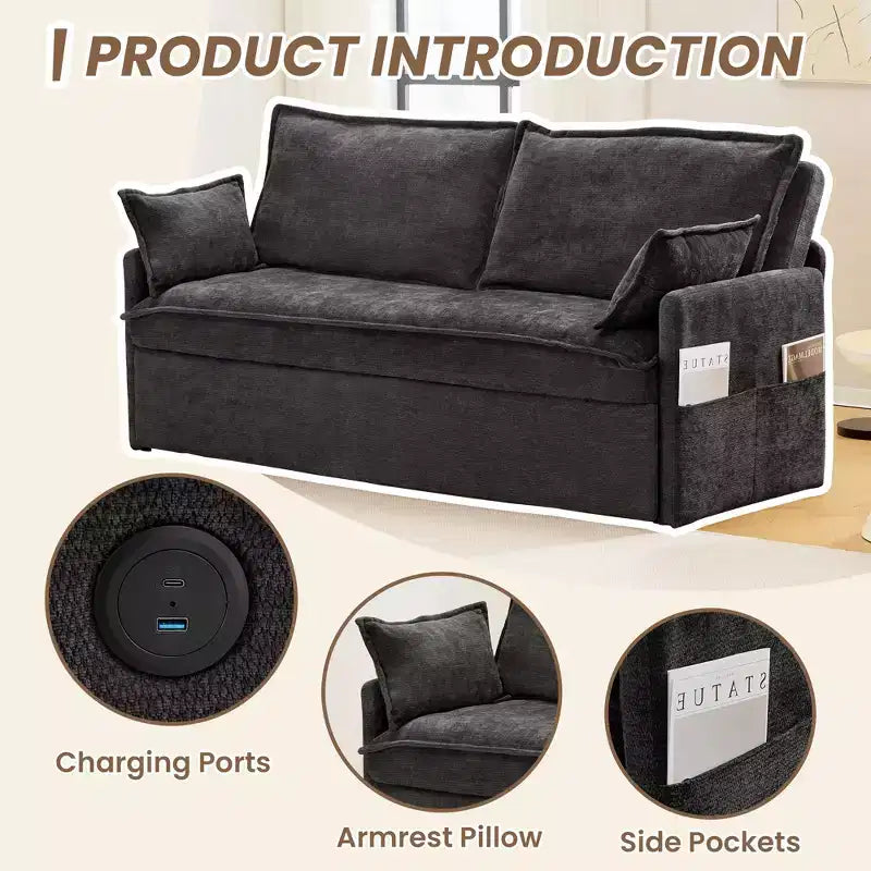 Canapé convertible Whisen avec rangement latéral et ports de charge USB/C-TYPE