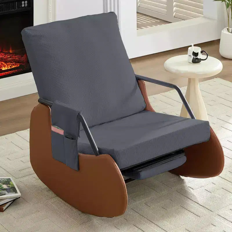 Mjkone Fauteuil à Bascule Rembourré en Velours Côtelé avec Pieds en Bois Recouverts de Cuir et Repose-Pieds Réglable
