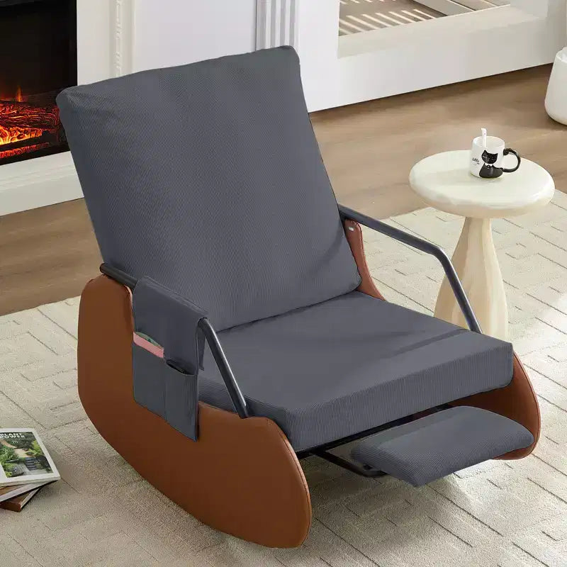 Mjkone Fauteuil à Bascule Rembourré en Velours Côtelé avec Pieds en Bois Recouverts de Cuir et Repose-Pieds Réglable