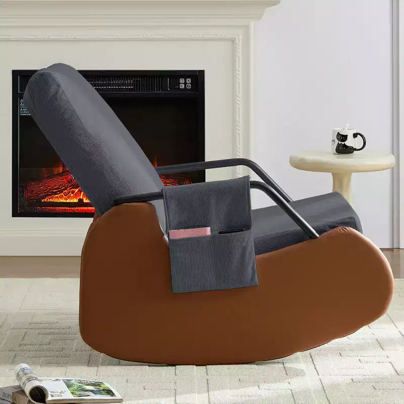 Mjkone Fauteuil à Bascule Rembourré en Velours Côtelé avec Pieds en Bois Recouverts de Cuir et Repose-Pieds Réglable