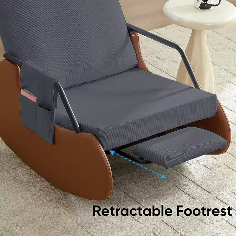 Mjkone Fauteuil à Bascule Rembourré en Velours Côtelé avec Pieds en Bois Recouverts de Cuir et Repose-Pieds Réglable