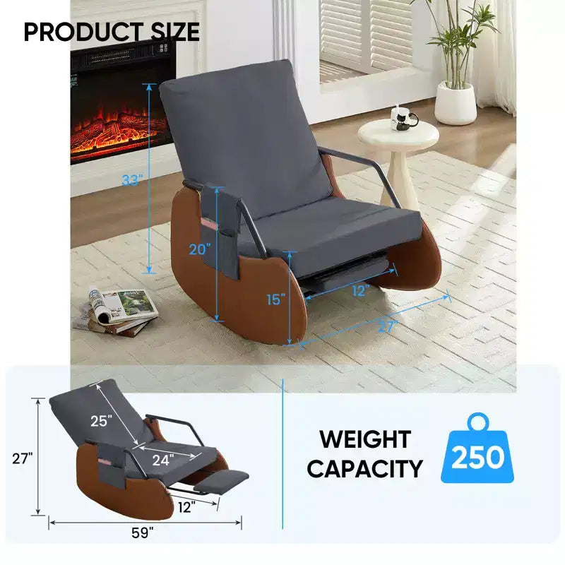 Mjkone Fauteuil à Bascule Rembourré en Velours Côtelé avec Pieds en Bois Recouverts de Cuir et Repose-Pieds Réglable