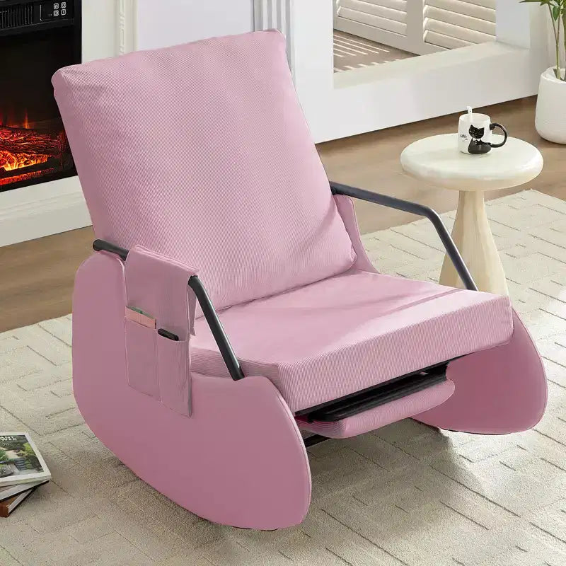 Mjkone Fauteuil à Bascule Rembourré en Velours Côtelé avec Pieds en Bois Recouverts de Cuir et Repose-Pieds Réglable