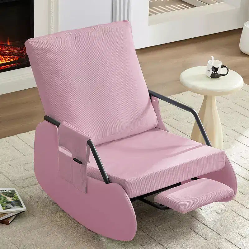 Mjkone Fauteuil à Bascule Rembourré en Velours Côtelé avec Pieds en Bois Recouverts de Cuir et Repose-Pieds Réglable