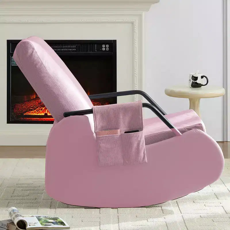 Mjkone Fauteuil à Bascule Rembourré en Velours Côtelé avec Pieds en Bois Recouverts de Cuir et Repose-Pieds Réglable