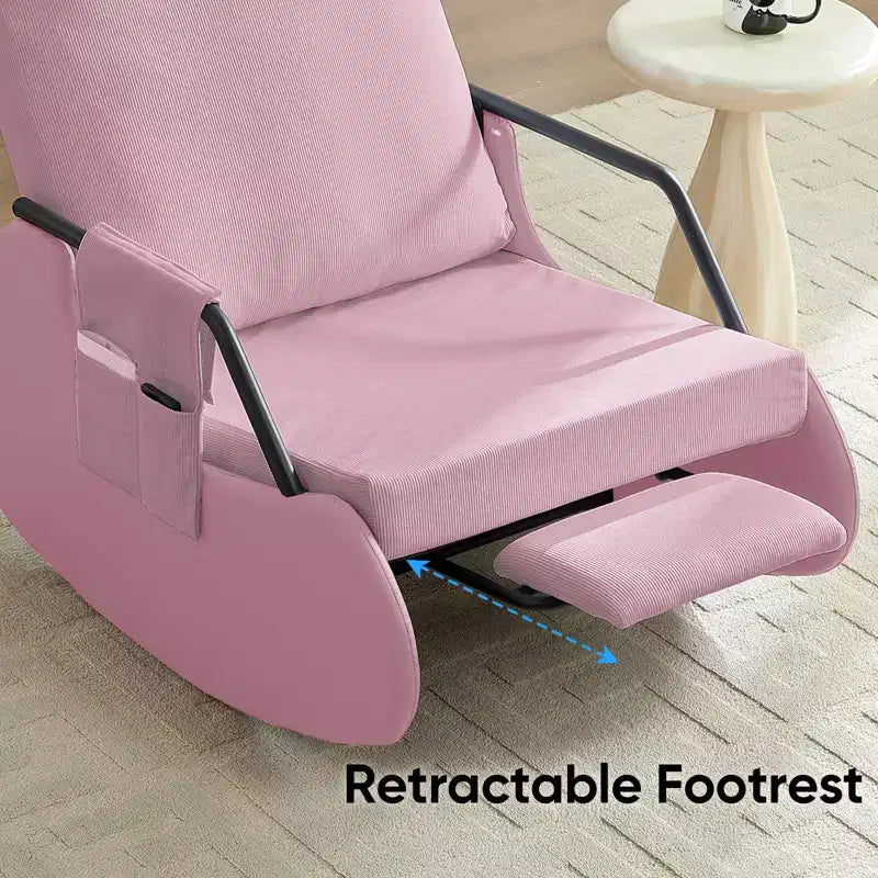 Mjkone Fauteuil à Bascule Rembourré en Velours Côtelé avec Pieds en Bois Recouverts de Cuir et Repose-Pieds Réglable
