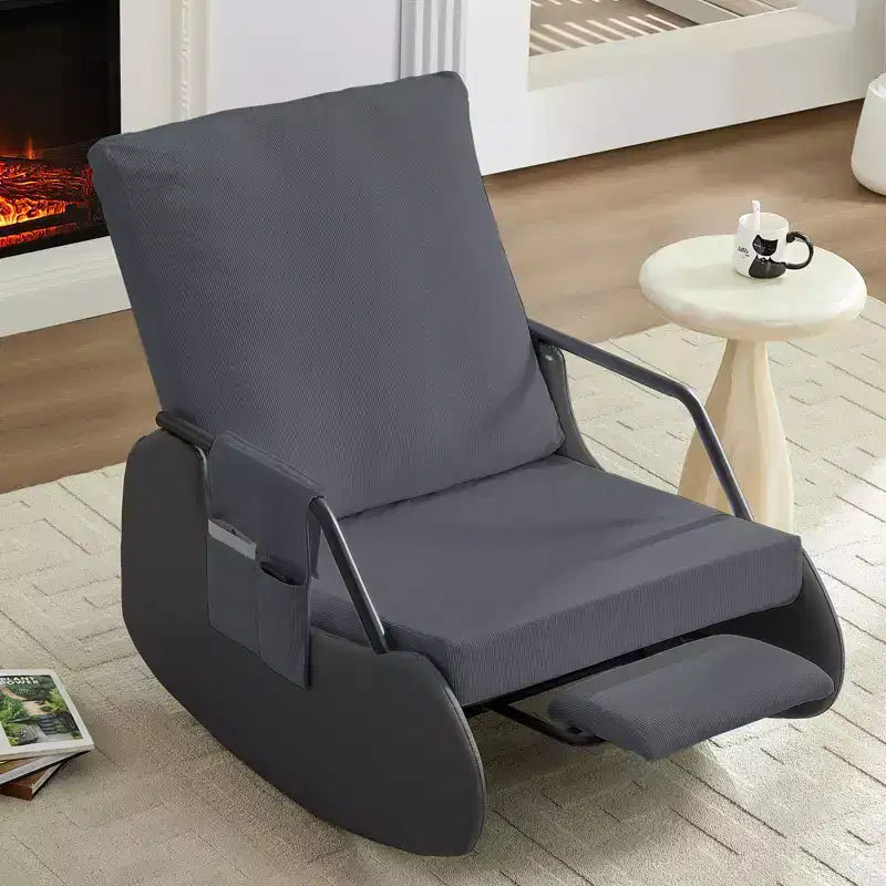 Mjkone Fauteuil à Bascule Rembourré en Velours Côtelé avec Pieds en Bois Recouverts de Cuir et Repose-Pieds Réglable