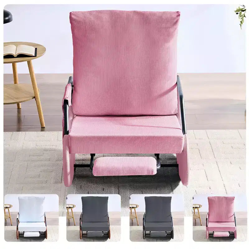 Mjkone Fauteuil à Bascule Rembourré en Velours Côtelé avec Pieds en Bois Recouverts de Cuir et Repose-Pieds Réglable