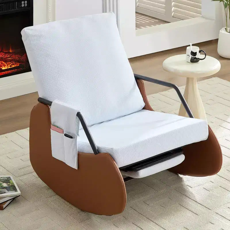Mjkone Fauteuil à Bascule Rembourré en Velours Côtelé avec Pieds en Bois Recouverts de Cuir et Repose-Pieds Réglable