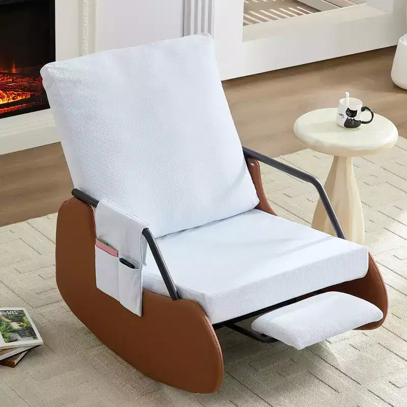 Mjkone Fauteuil à Bascule Rembourré en Velours Côtelé avec Pieds en Bois Recouverts de Cuir et Repose-Pieds Réglable