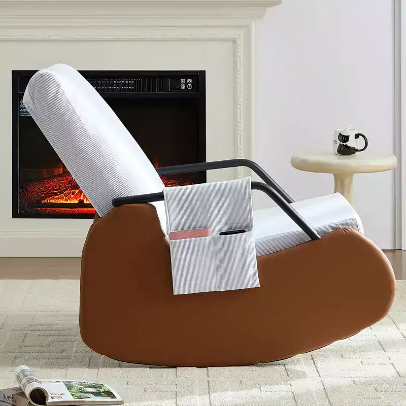 Mjkone Fauteuil à Bascule Rembourré en Velours Côtelé avec Pieds en Bois Recouverts de Cuir et Repose-Pieds Réglable