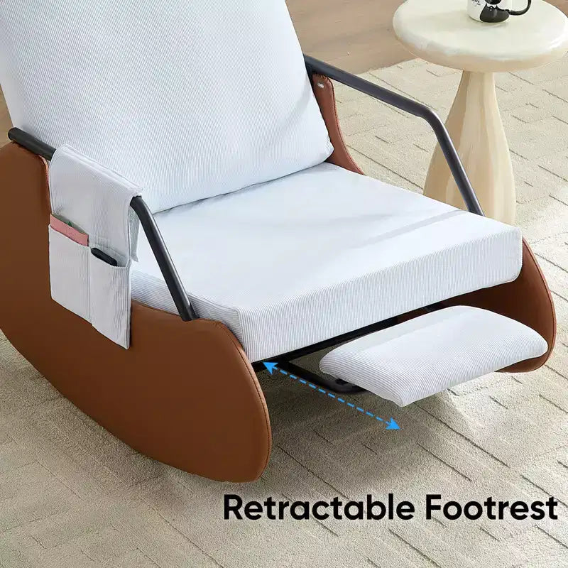 Mjkone Fauteuil à Bascule Rembourré en Velours Côtelé avec Pieds en Bois Recouverts de Cuir et Repose-Pieds Réglable
