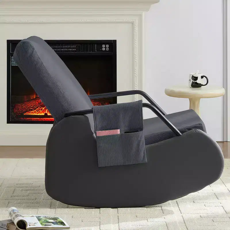 Mjkone Fauteuil à Bascule Rembourré en Velours Côtelé avec Pieds en Bois Recouverts de Cuir et Repose-Pieds Réglable