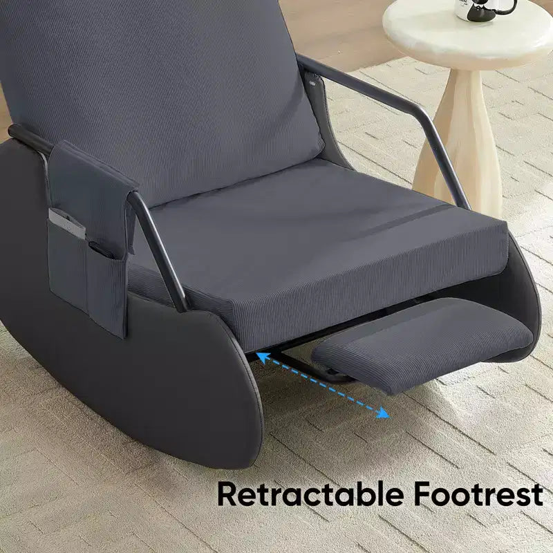 Mjkone Fauteuil à Bascule Rembourré en Velours Côtelé avec Pieds en Bois Recouverts de Cuir et Repose-Pieds Réglable