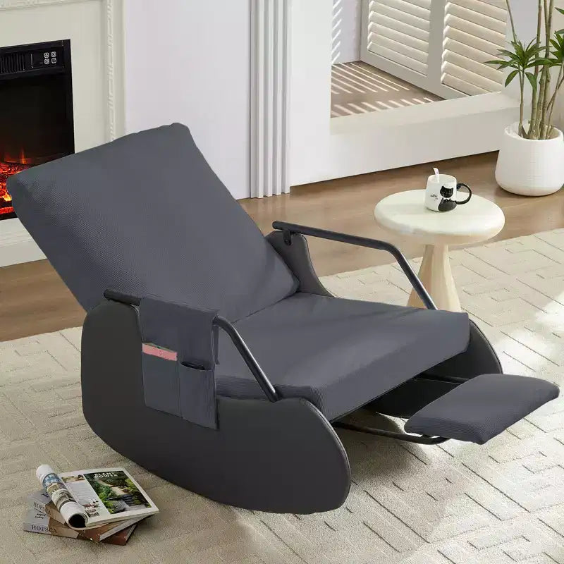 Mjkone Upholstered Corduroy Rocking Chair with Wooden Legs Wrapped in Leather&Adjustable Footrest