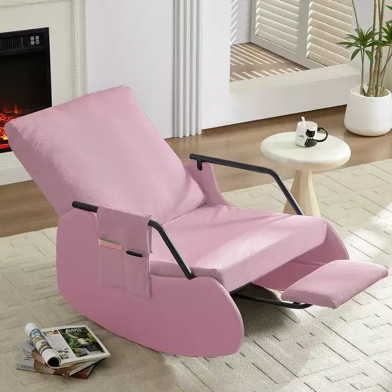 Mjkone Fauteuil à Bascule Rembourré en Velours Côtelé avec Pieds en Bois Recouverts de Cuir et Repose-Pieds Réglable