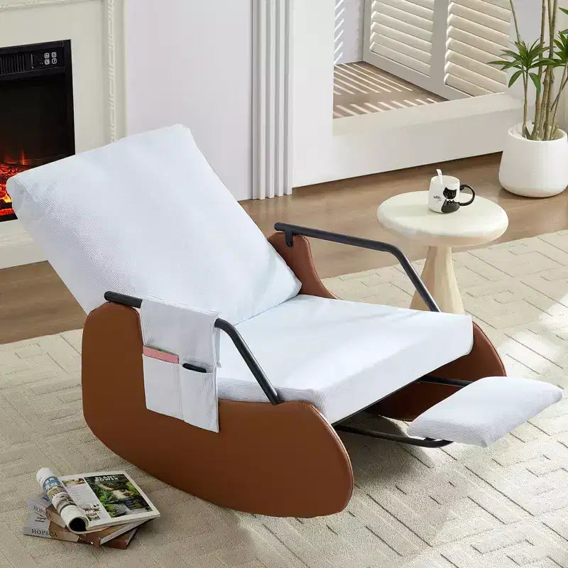 Mjkone Fauteuil à Bascule Rembourré en Velours Côtelé avec Pieds en Bois Recouverts de Cuir et Repose-Pieds Réglable