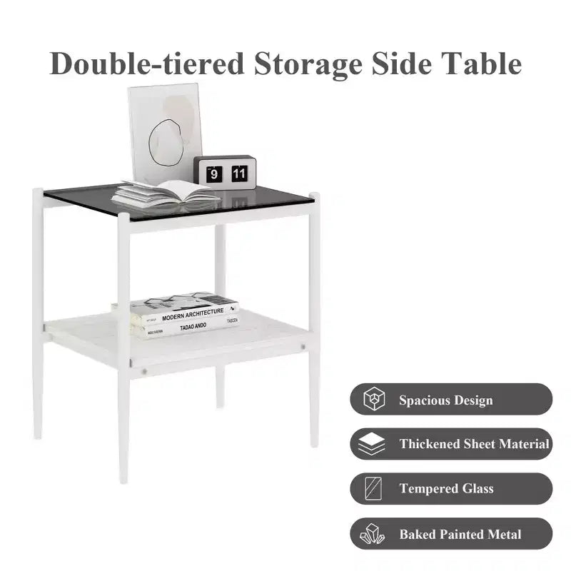 Lot de 2 tables d'appoint rectangulaires, plateau en verre trempé avec couche en MDF, table moderne pour salon, verre gris