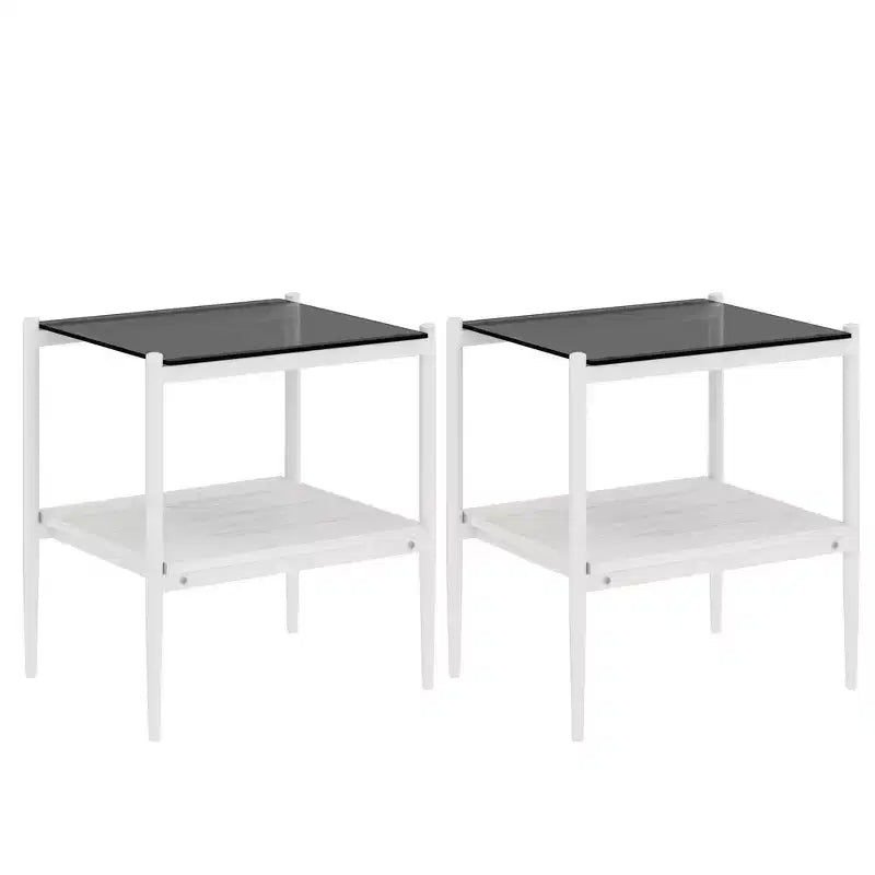 Lot de 2 tables d'appoint rectangulaires, plateau en verre trempé avec couche en MDF, table moderne pour salon, verre gris