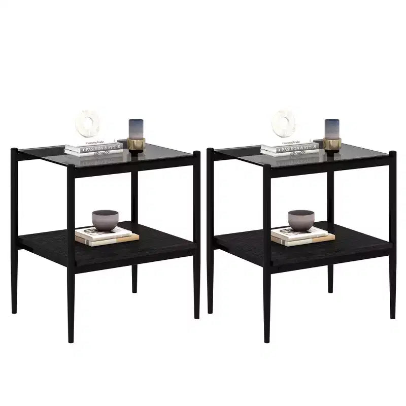 Lot de 2 tables d'appoint rectangulaires, plateau en verre trempé avec couche en MDF, table moderne pour salon, verre gris