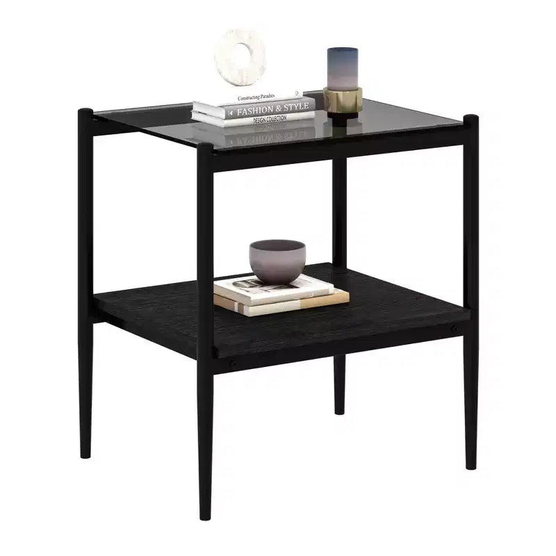 Lot de 2 tables d'appoint rectangulaires, plateau en verre trempé avec couche en MDF, table moderne pour salon, verre gris