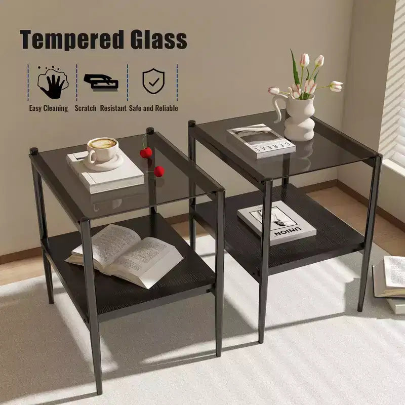 Lot de 2 tables d'appoint rectangulaires, plateau en verre trempé avec couche en MDF, table moderne pour salon, verre gris