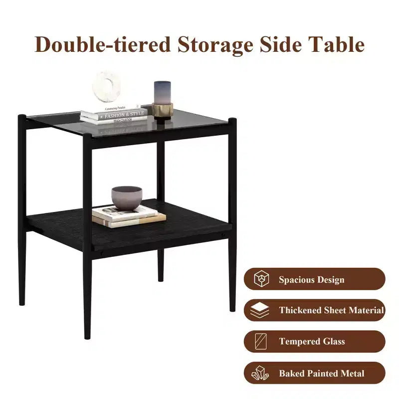 Lot de 2 tables d'appoint rectangulaires, plateau en verre trempé avec couche en MDF, table moderne pour salon, verre gris