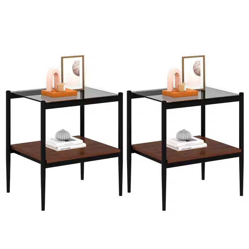 Lot de 2 tables d'appoint rectangulaires, plateau en verre trempé avec couche en MDF, table moderne pour salon, verre gris