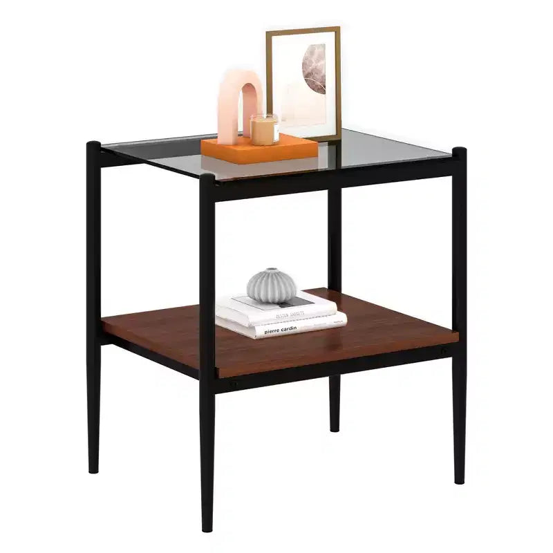 Lot de 2 tables d'appoint rectangulaires, plateau en verre trempé avec couche en MDF, table moderne pour salon, verre gris