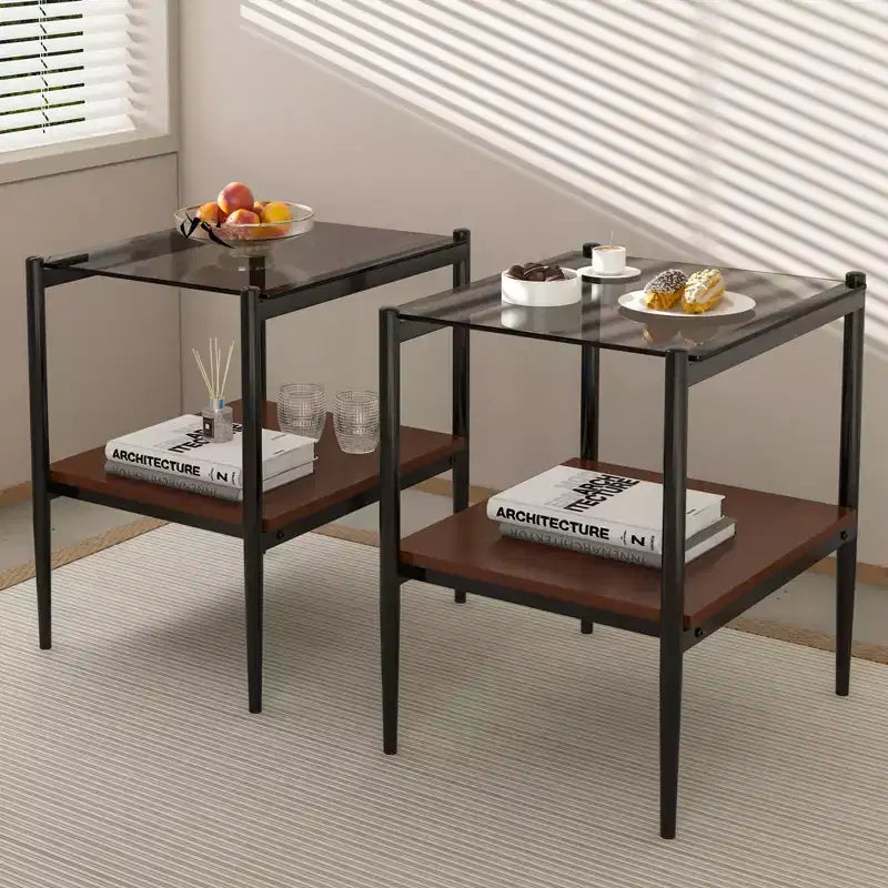 Lot de 2 tables d'appoint rectangulaires, plateau en verre trempé avec couche en MDF, table moderne pour salon, verre gris