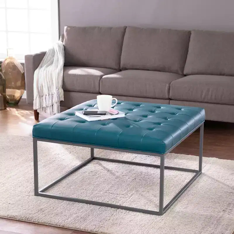 Pouf repose-pieds de cocktail capitonné Ciarin - Bleu - SEI