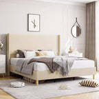 Cadre de lit double rembourré en velours côtelé, lit plateforme avec tête de lit capitonnée à rayures verticales de 129,5 cm de hauteur, sommier tapissier non requis/lattes en bois/beige