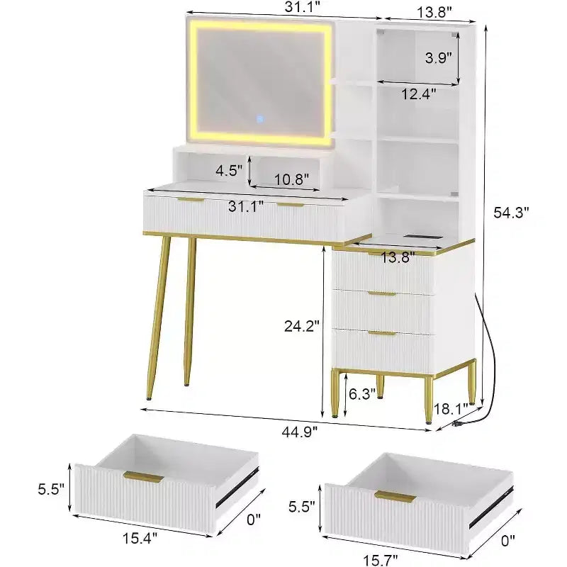 Commode de chambre avec lumière et prise de courant, étagère de rangement en bois avec 5 tiroirs, design alcôve moderne, parfaite pour chambre ou dressing