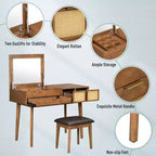 Coiffeuse classique en bois de 43,3 po avec miroir rabattable et tabouret, table de maquillage avec trois tiroirs et espace de rangement, Marron