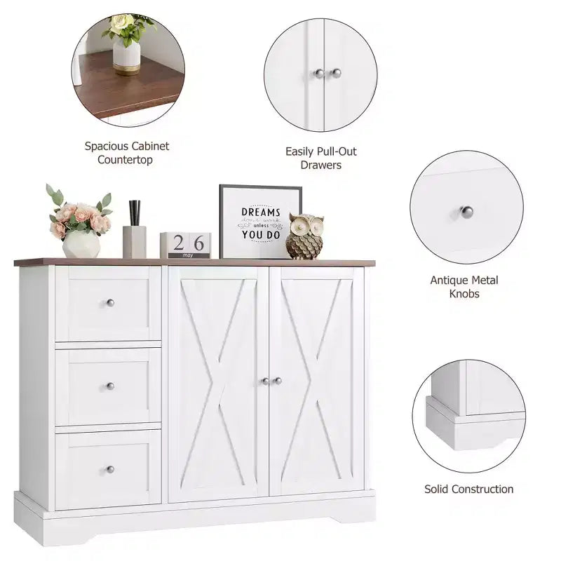 Buffet de ferme de 42 po avec rangement, meuble de bar à café avec 3 tiroirs, buffet pour cuisine, salle à manger, salon, blanc