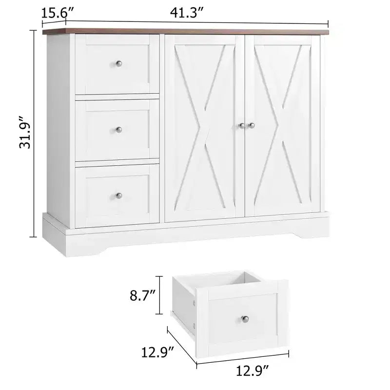 Buffet de ferme de 42 po avec rangement, meuble de bar à café avec 3 tiroirs, buffet pour cuisine, salle à manger, salon, blanc
