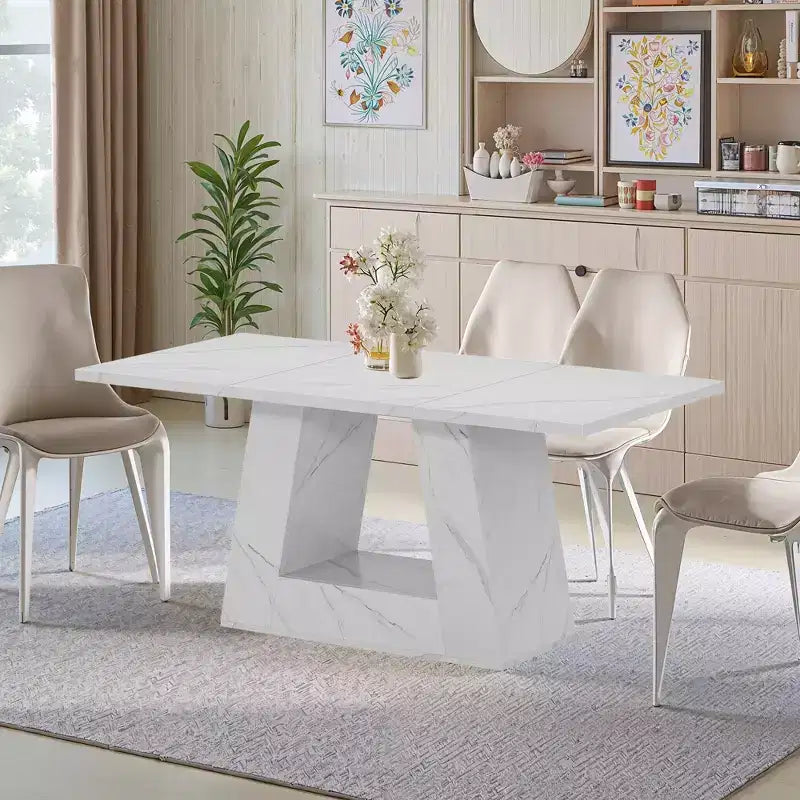 MAYEERTY Table à manger en faux marbre de 63 pouces, table moderne 4-6 places avec pieds trapézoïdaux pour salle à manger