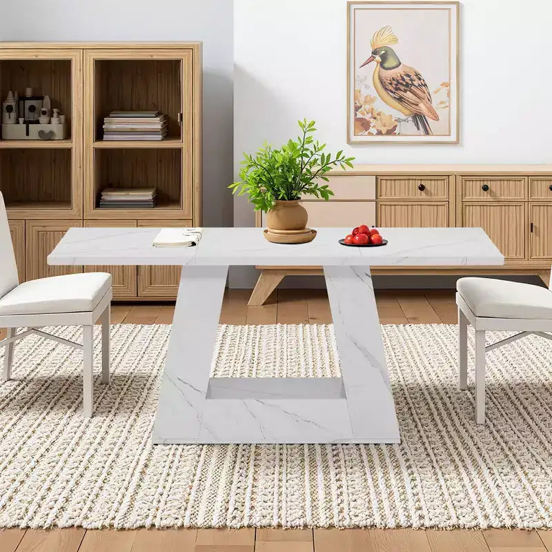 MAYEERTY Table à manger en faux marbre de 63 pouces, table moderne 4-6 places avec pieds trapézoïdaux pour salle à manger