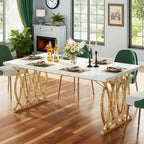 MAYEERTY 63 Inch Dining Table, 4-6 Seater White Faux Marble Top Gold Steel Frame Kitchen Table with Adjustable Feet
