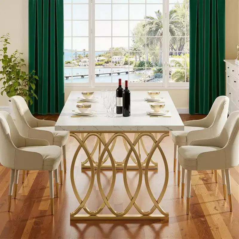 MAYEERTY Table de Salle à Manger 160 cm, Table de Cuisine pour 4-6 Personnes avec Plateau en Faux Marbre Blanc et Cadre en Acier Doré, Pieds Réglables