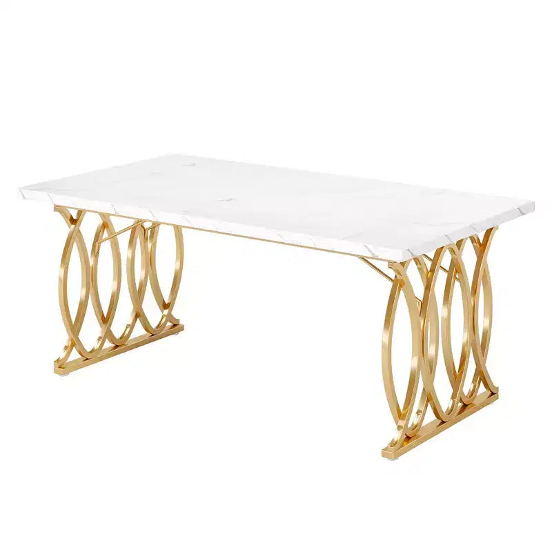 MAYEERTY Table de Salle à Manger 160 cm, Table de Cuisine pour 4-6 Personnes avec Plateau en Faux Marbre Blanc et Cadre en Acier Doré, Pieds Réglables