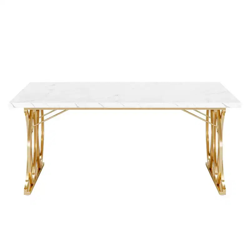 MAYEERTY Table de Salle à Manger 160 cm, Table de Cuisine pour 4-6 Personnes avec Plateau en Faux Marbre Blanc et Cadre en Acier Doré, Pieds Réglables