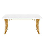 MAYEERTY Table de Salle à Manger 160 cm, Table de Cuisine pour 4-6 Personnes avec Plateau en Faux Marbre Blanc et Cadre en Acier Doré, Pieds Réglables