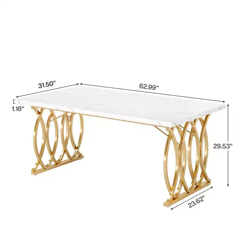 MAYEERTY Table de Salle à Manger 160 cm, Table de Cuisine pour 4-6 Personnes avec Plateau en Faux Marbre Blanc et Cadre en Acier Doré, Pieds Réglables