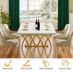MAYEERTY Table de Salle à Manger 160 cm, Table de Cuisine pour 4-6 Personnes avec Plateau en Faux Marbre Blanc et Cadre en Acier Doré, Pieds Réglables