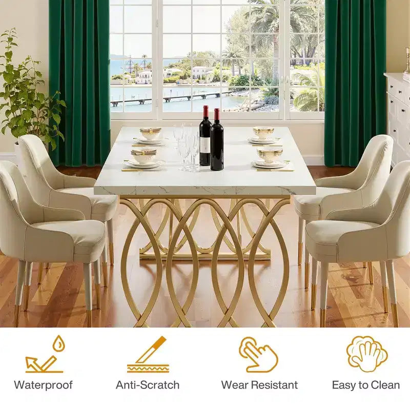 MAYEERTY Table de Salle à Manger 160 cm, Table de Cuisine pour 4-6 Personnes avec Plateau en Faux Marbre Blanc et Cadre en Acier Doré, Pieds Réglables