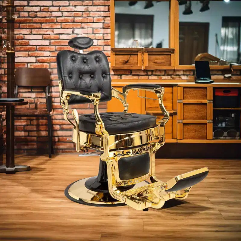 Fauteuil de barbier Karl Home de style vintage avec dossier carré inclinable hydraulique et cadre noir et doré